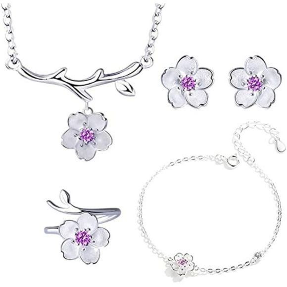 925 Sterling Silver Jewelry Sets Romantic Cherry Blossoms Flower - Picture 3 of 6